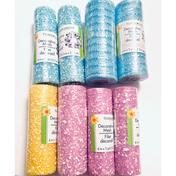 Decorative Mesh Crafting Wreath making Floral Ribbon Blue Pink Yellow 6 in wide - Picture 4 of 7